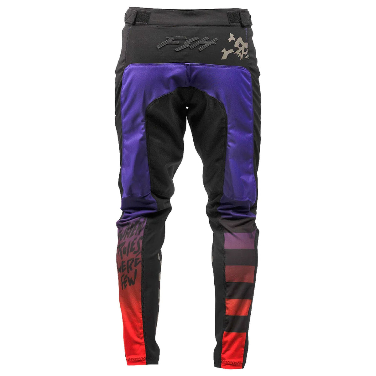Multicolor riding pants with purple seat panel and red-and-black lower leg graphics