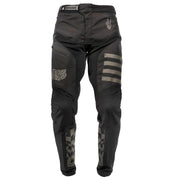 Black riding pants with reflective thigh stripe panels and camo-style knee detailing