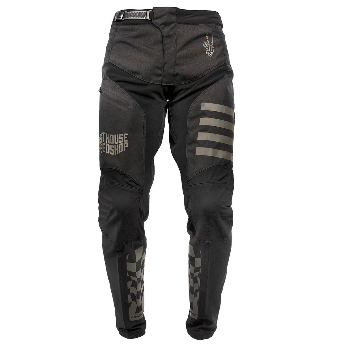 Black riding pants with reflective thigh stripe panels and camo-style knee detailing