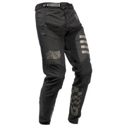 Black motorcycle riding pants with graphic side panels and knee padding