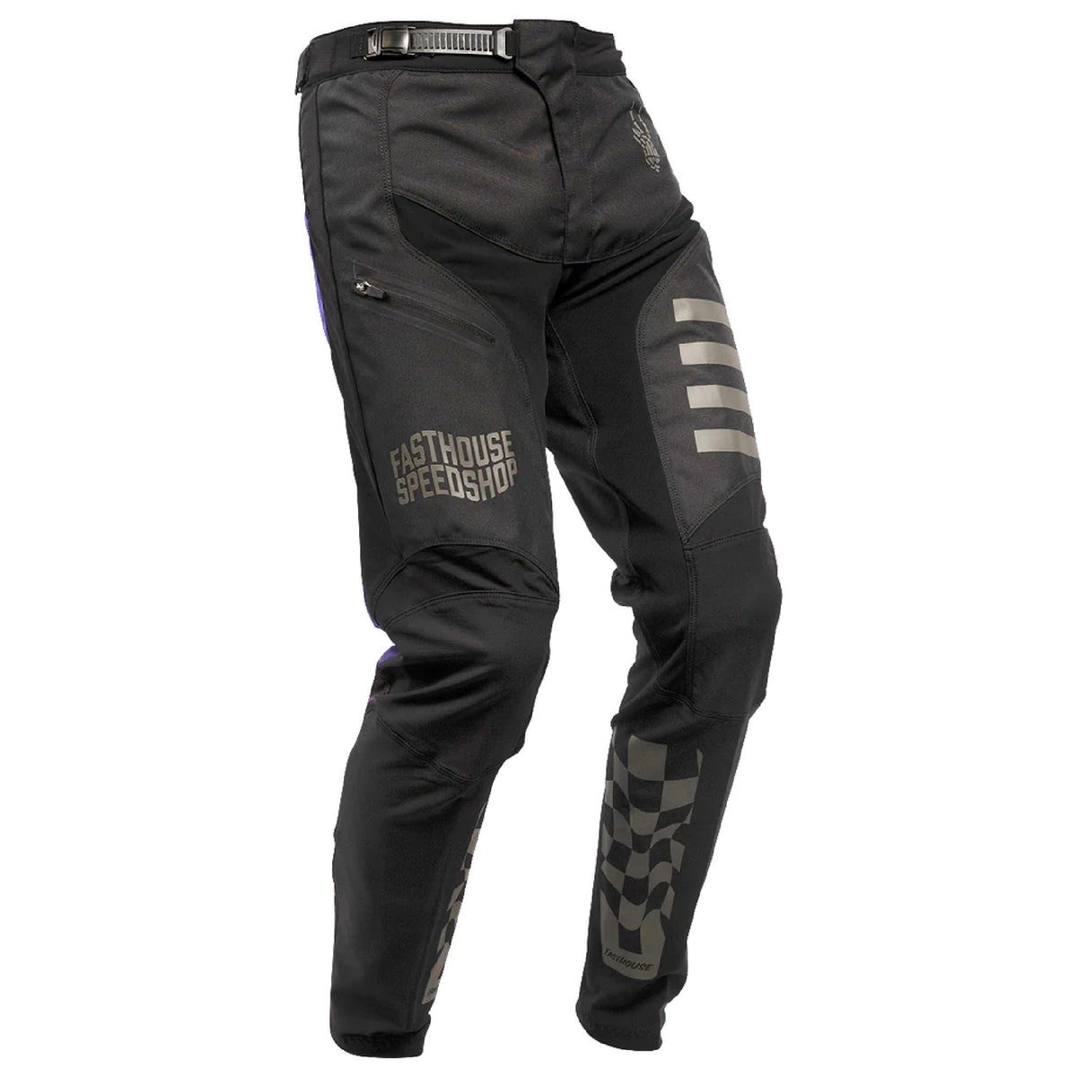 Black motorcycle riding pants with graphic side panels and knee padding