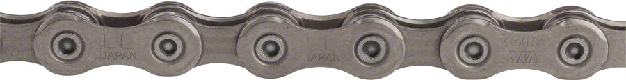 Silver 10-speed bicycle chain with alternating inner and outer links, side view