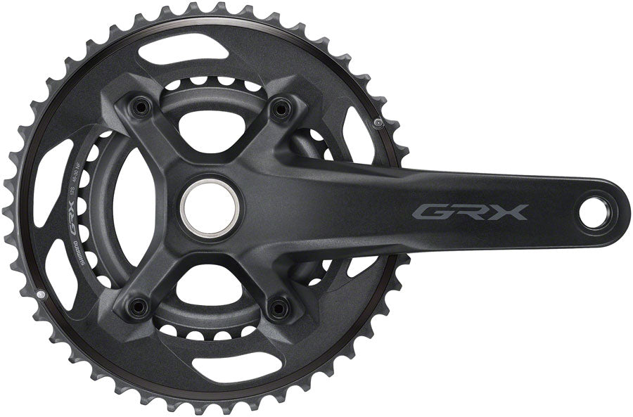 Black Shimano GRX double chainring crankset with Hollowtech II spindle interface