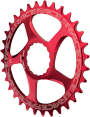 Red narrow-wide direct mount chainring, 28T, with five cutout ramps.