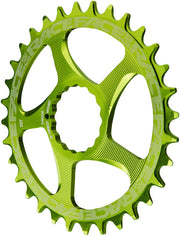 Green narrow-wide direct mount chainring, 27T, with five cutout ramps and outer teeth.