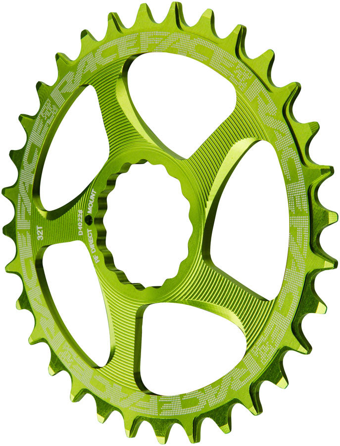 Green narrow-wide direct mount chainring, 27T, with five cutout ramps and outer teeth.