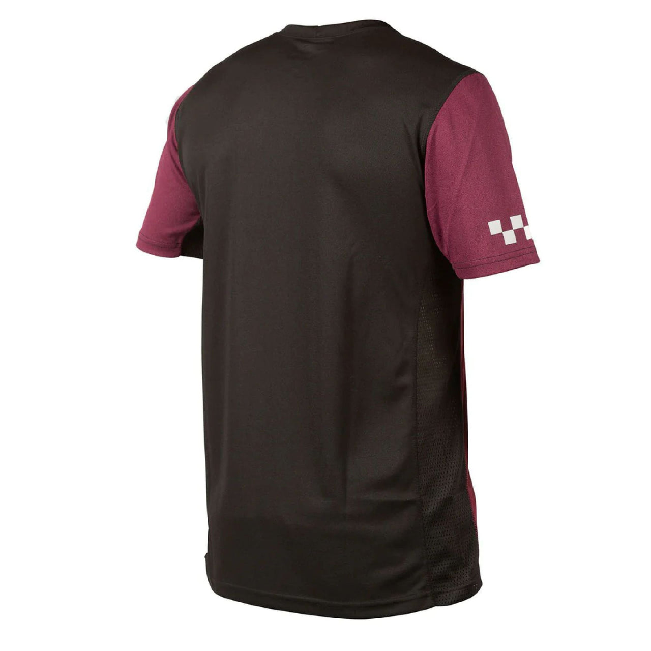 Men's short-sleeve jersey with black body and maroon sleeves, featuring white logo marks.