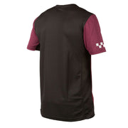 Men's short-sleeve jersey with black body and maroon sleeves, featuring white logo marks.