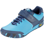 Lace-up cycling shoe with light blue perforated upper, navy strap, and blue camo sole