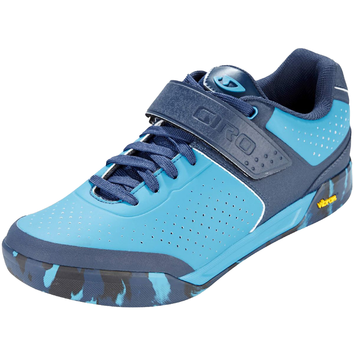 Lace-up cycling shoe with light blue perforated upper, navy strap, and blue camo sole