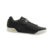 Lace-up cycling shoe with perforated black upper, hook strap, and white sole