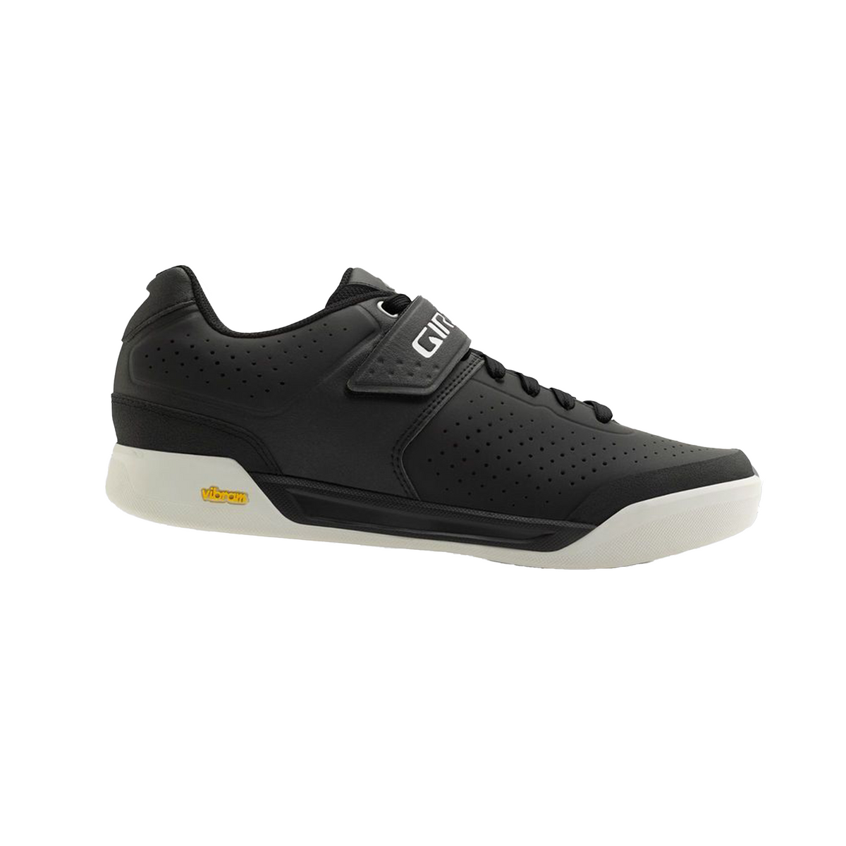 Lace-up cycling shoe with perforated black upper, hook strap, and white sole