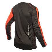 Long-sleeve motocross jersey back view, black with orange side panels and logo