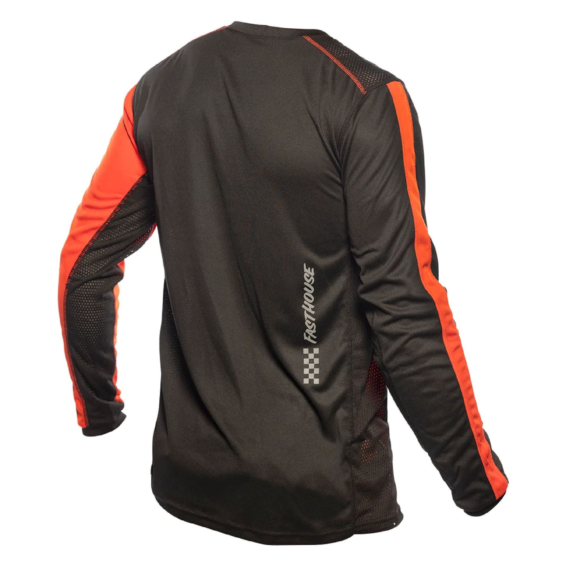 Long-sleeve motocross jersey back view, black with orange side panels and logo