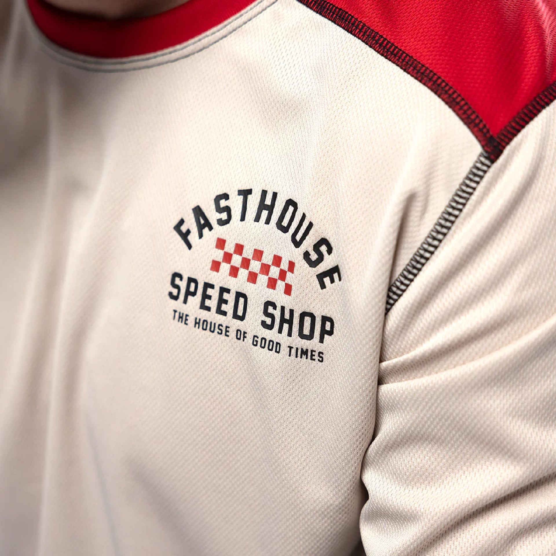 Youth short-sleeve jersey in cream with red trim and Speed Shop logo