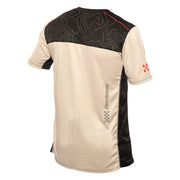 Cream back jersey with dark patterned upper panel and check logo on sleeve