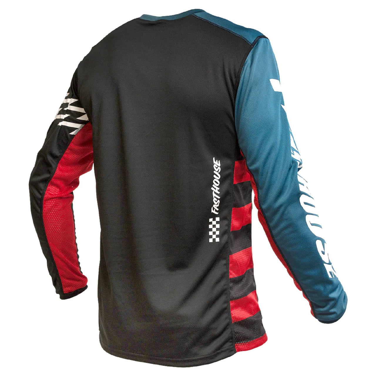 Black and blue long-sleeve jersey with rear logo print and red striped side panel