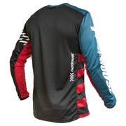 Black and blue long-sleeve jersey with rear logo print and red striped side panel