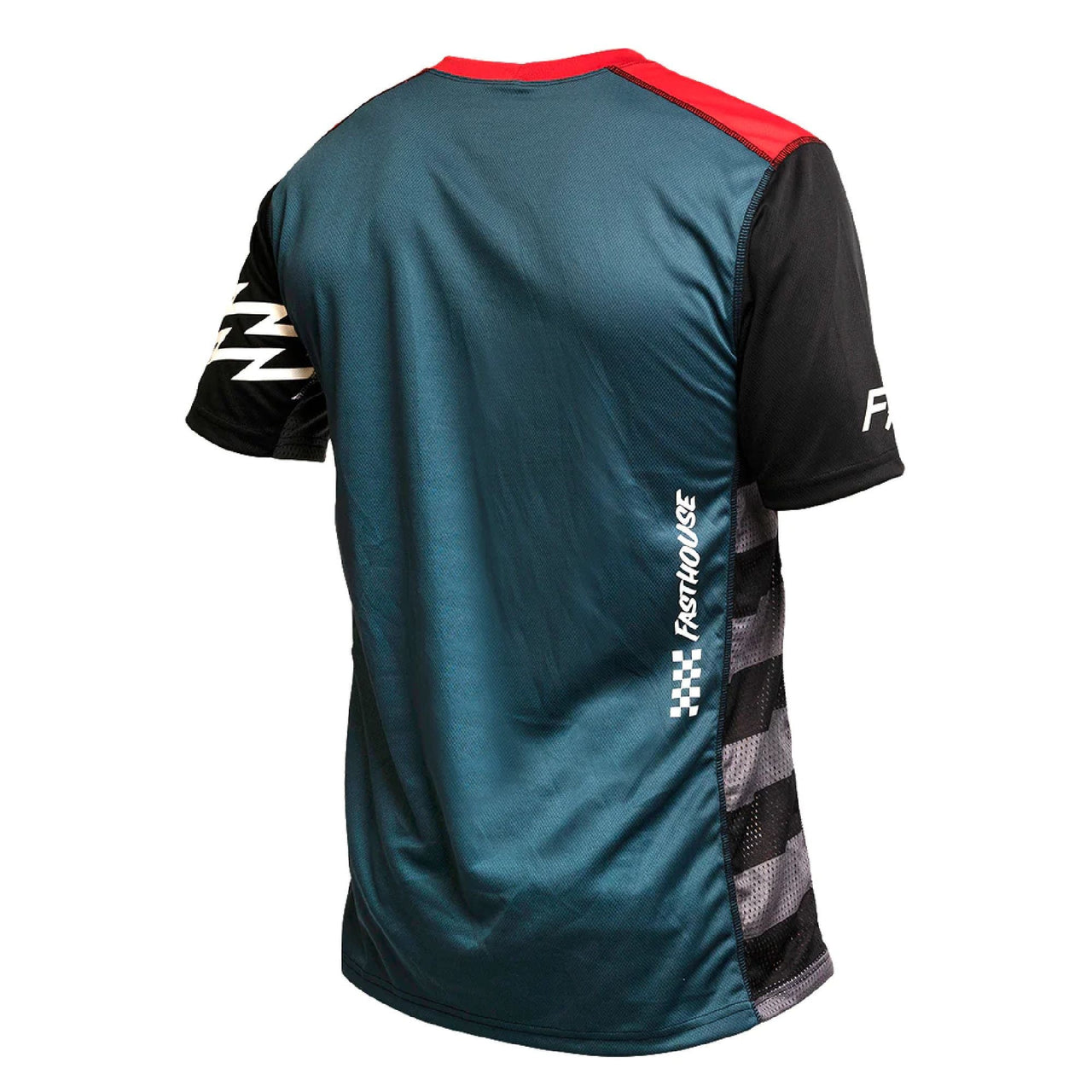Short-sleeve motocross jersey in teal and black with red collar and side logo print