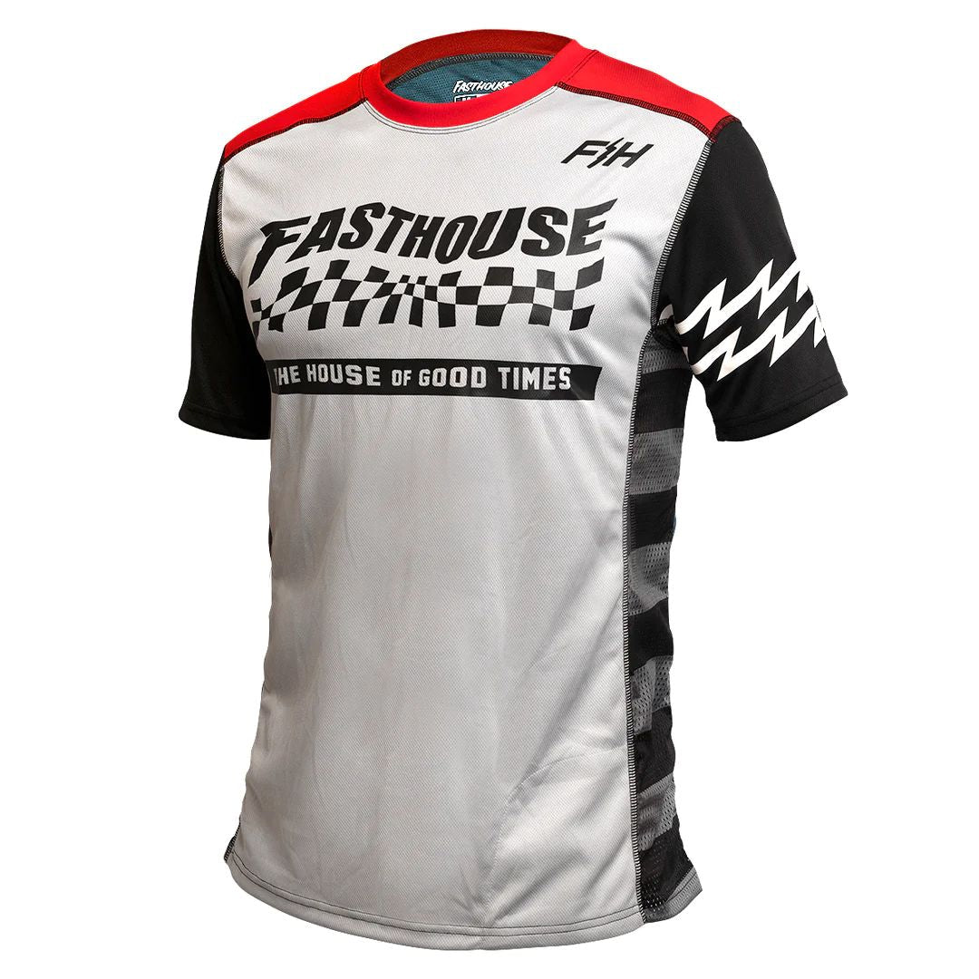 Short-sleeve motocross jersey in silver-gray, black, and red trim with graphic logo
