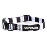 Fasthouse dog collar with black-and-white check pattern, logo patch, metal buckle