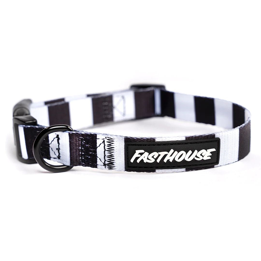 Fasthouse dog collar with black-and-white check pattern, logo patch, metal buckle