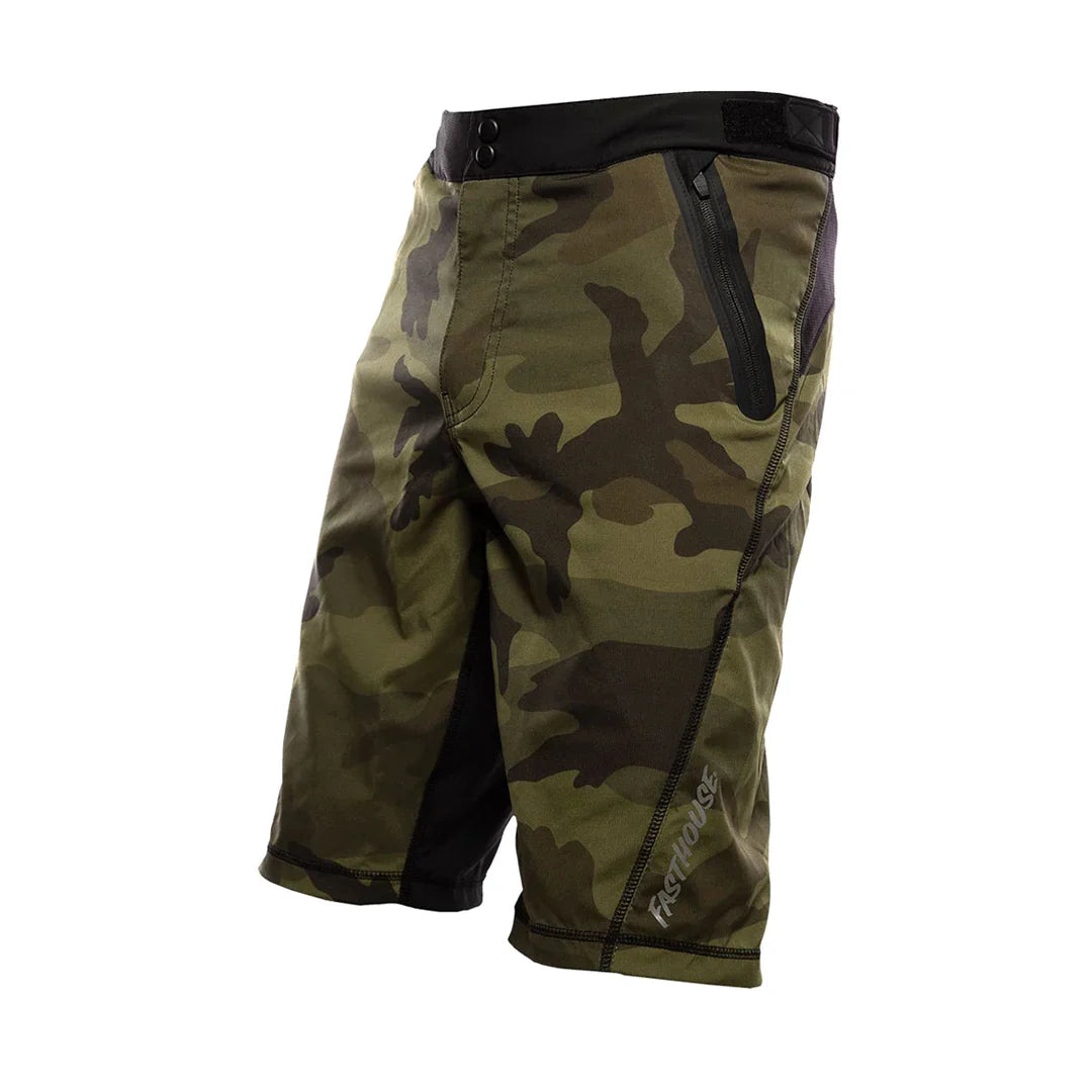 Youth olive green camo riding shorts with side zip pocket and logo at cuff.