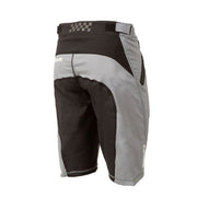 Youth black and light gray riding shorts with checkered waistband and side zip pocket.