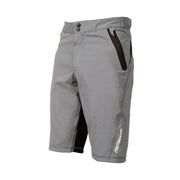 Youth gray riding shorts with black accent pocket and adjustable waistband buckle.