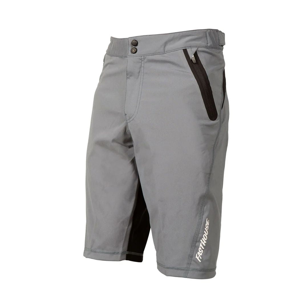 Youth gray riding shorts with black accent pocket and adjustable waistband buckle.