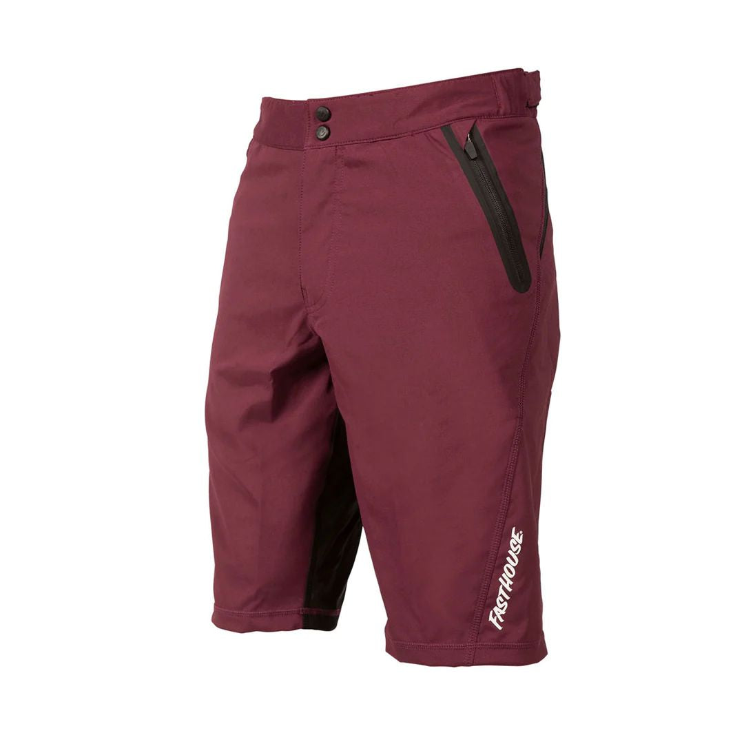 Youth maroon riding shorts with side zip pocket and black cuff logo patch.