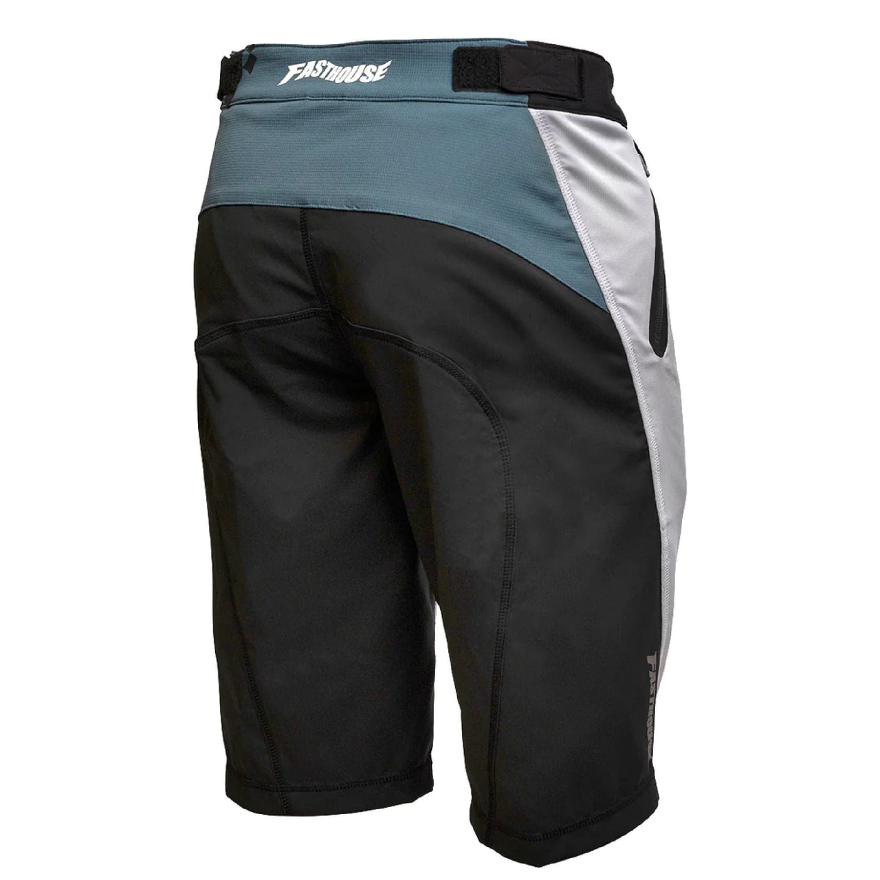 Fasthouse Crossline 2.0 velocity shorts with black legs and teal-blue upper panels