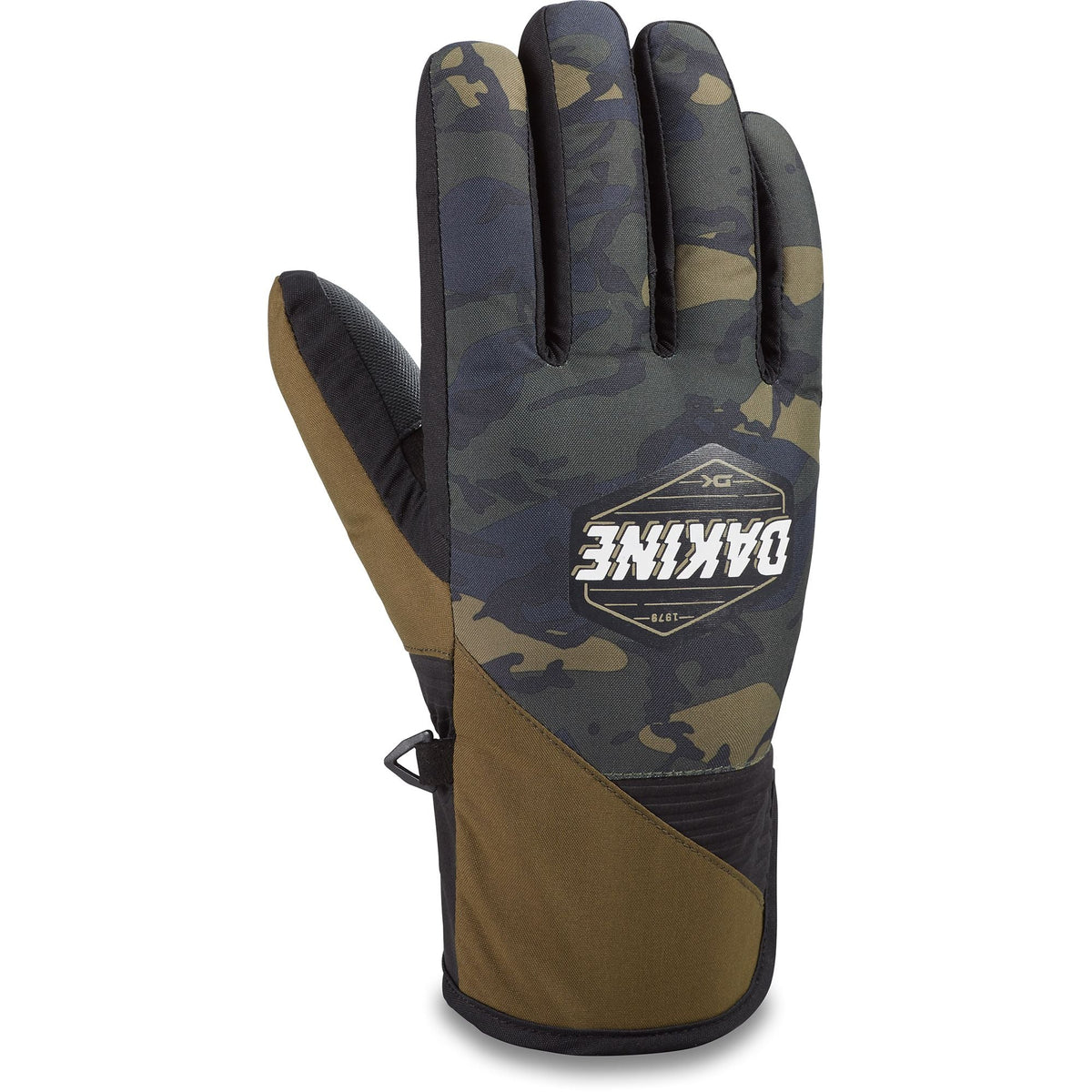 Camo winter gloves with padded palm, olive back, and tan wrist panel