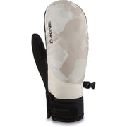Dakine women's mittens in beige-gray camo with adjustable wrist strap and black cuff