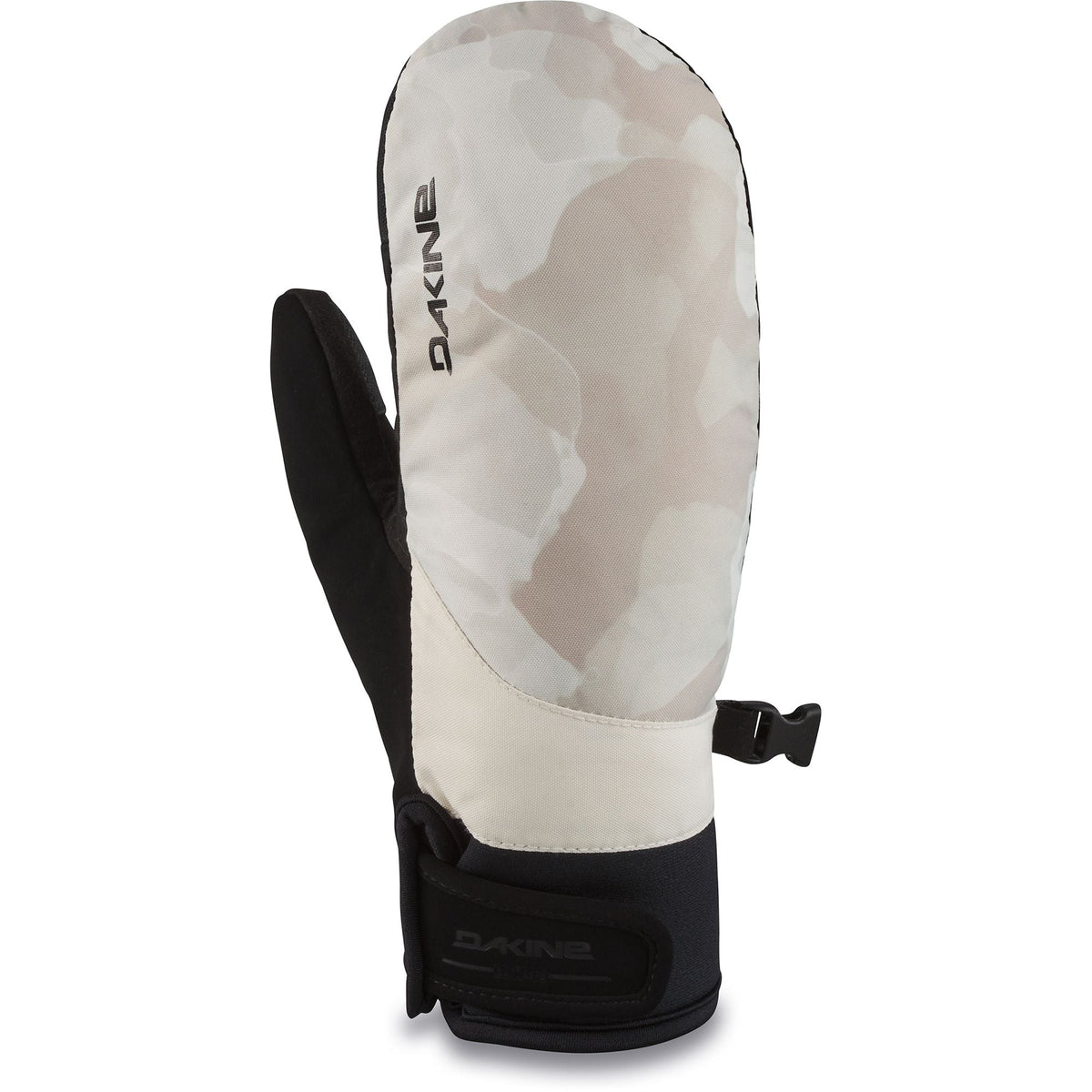 Dakine women's mittens in beige-gray camo with adjustable wrist strap and black cuff