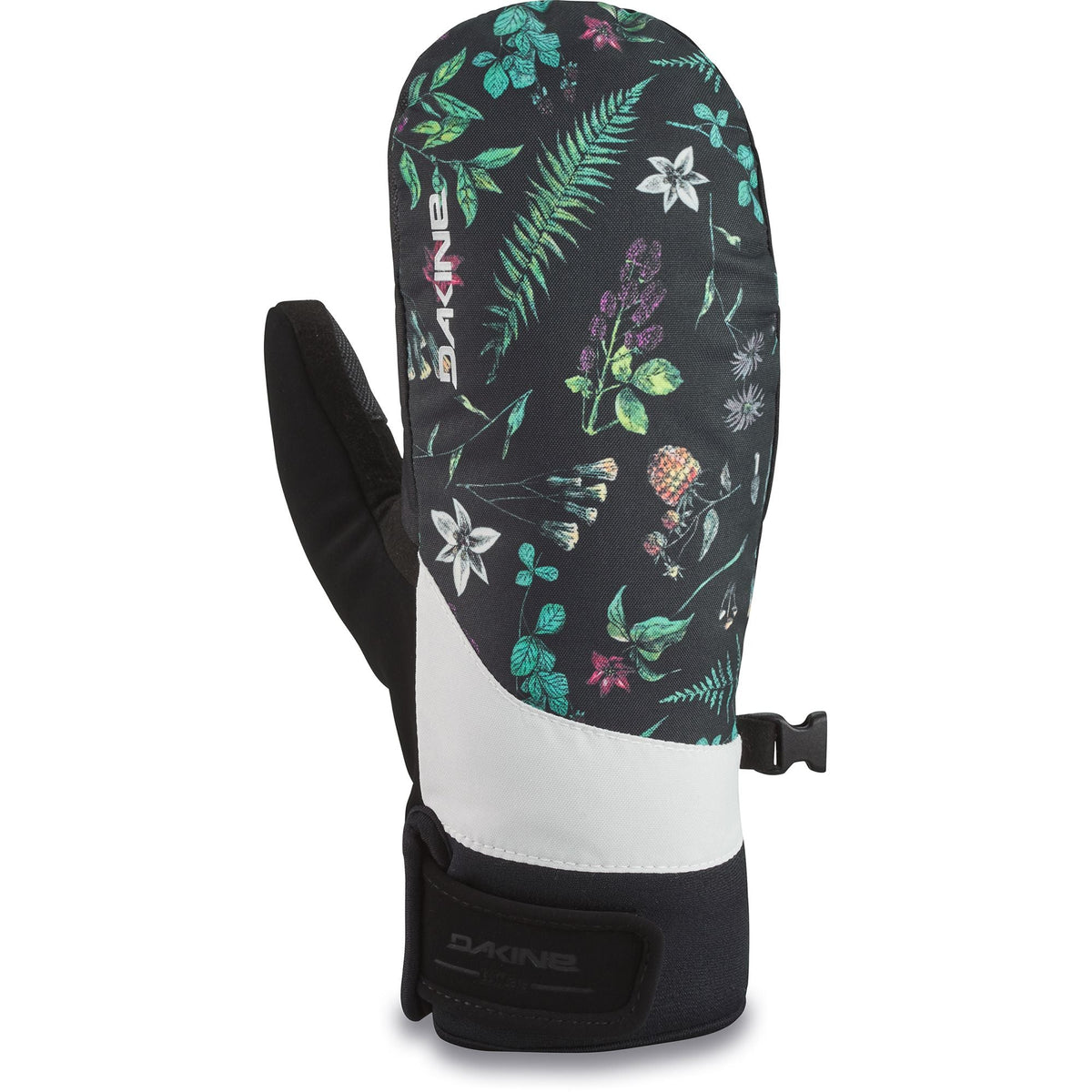 Dakine women's mittens with colorful floral print, black cuff, and adjustable wrist strap