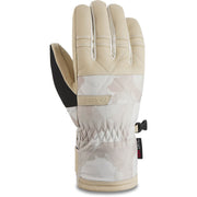 Women’s tan ski gloves with stitched fingers and adjustable cuff, black DK logo patch
