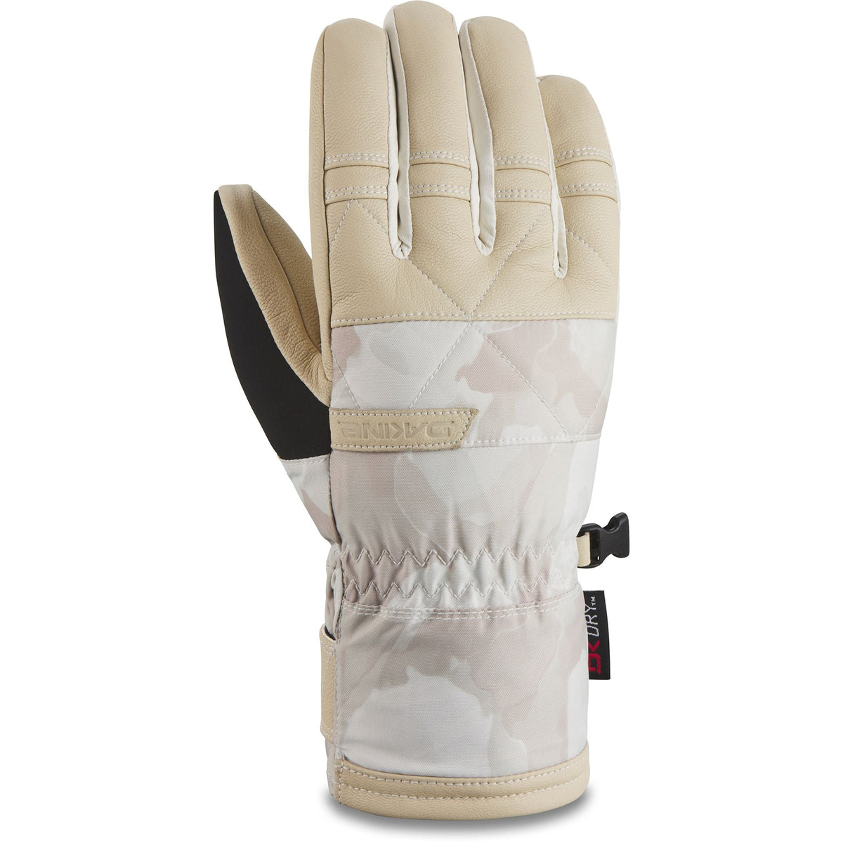Women’s tan ski gloves with stitched fingers and adjustable cuff, black DK logo patch