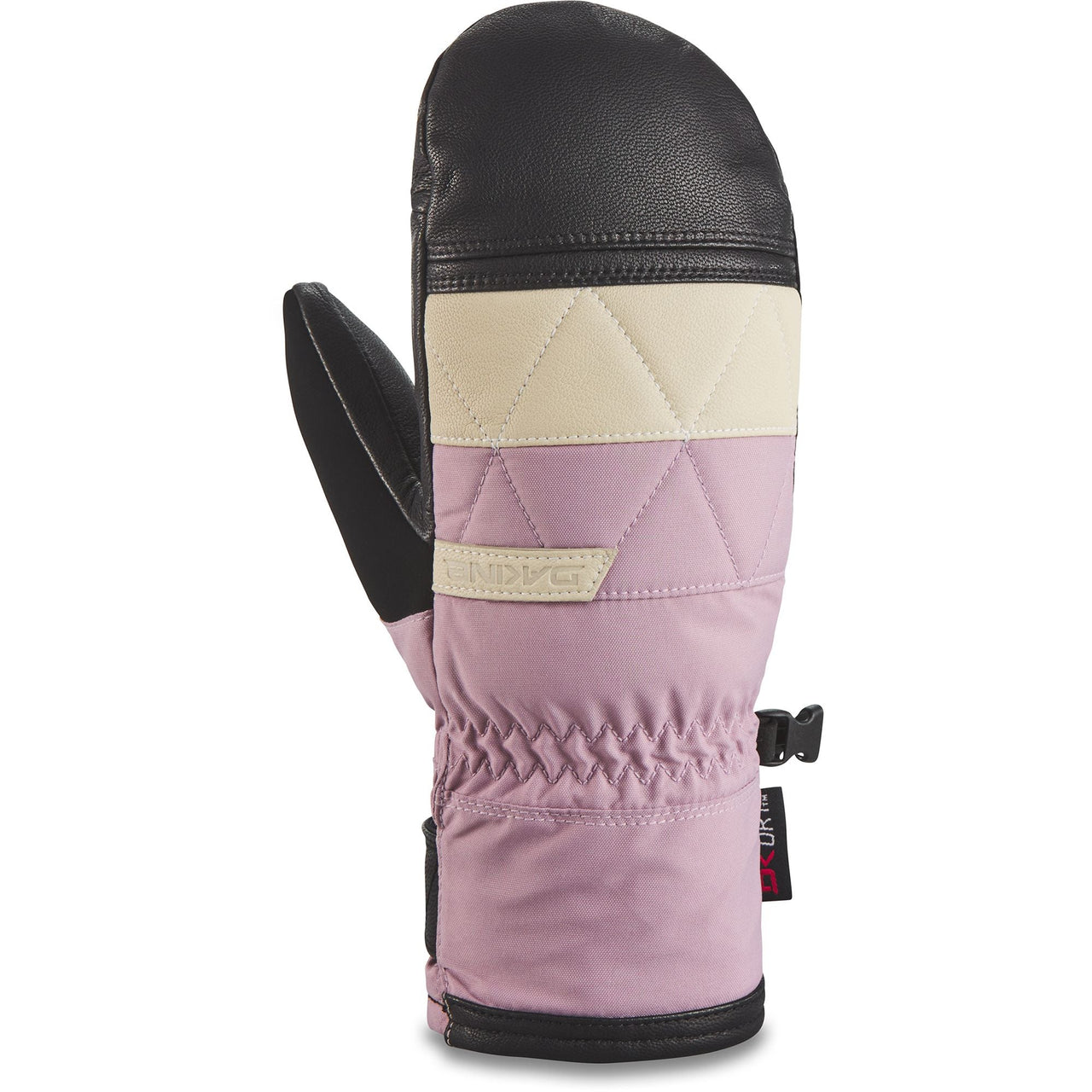 Women’s ski mitt with dark leather palm, purple-and-cream colorblock, cuff strap