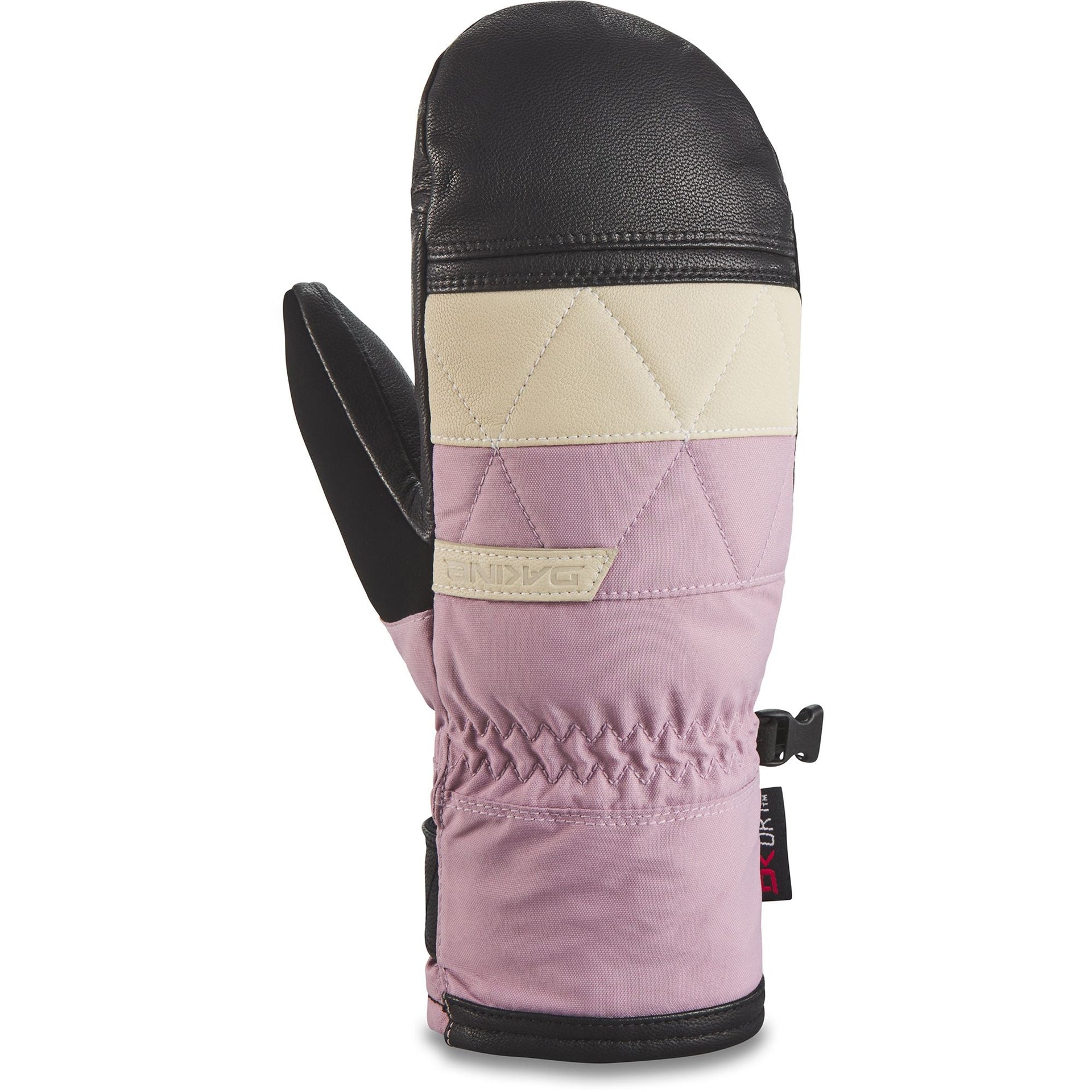 Women’s ski mitt with dark leather palm, purple-and-cream colorblock, cuff strap
