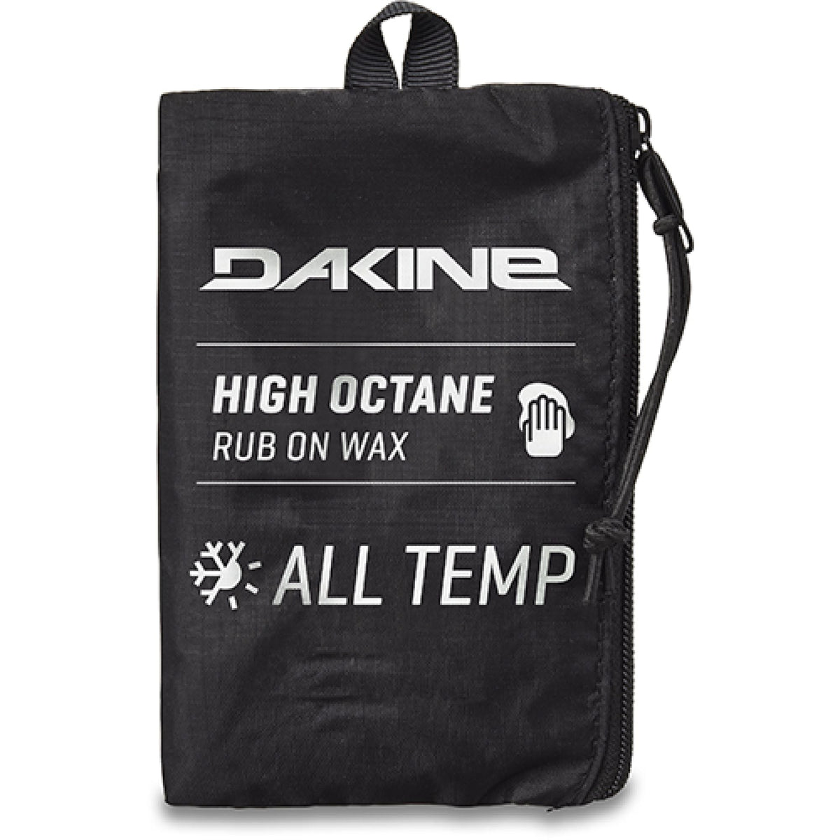 Dakine High Octane rub-on wax pouch, black bag with all-temp label