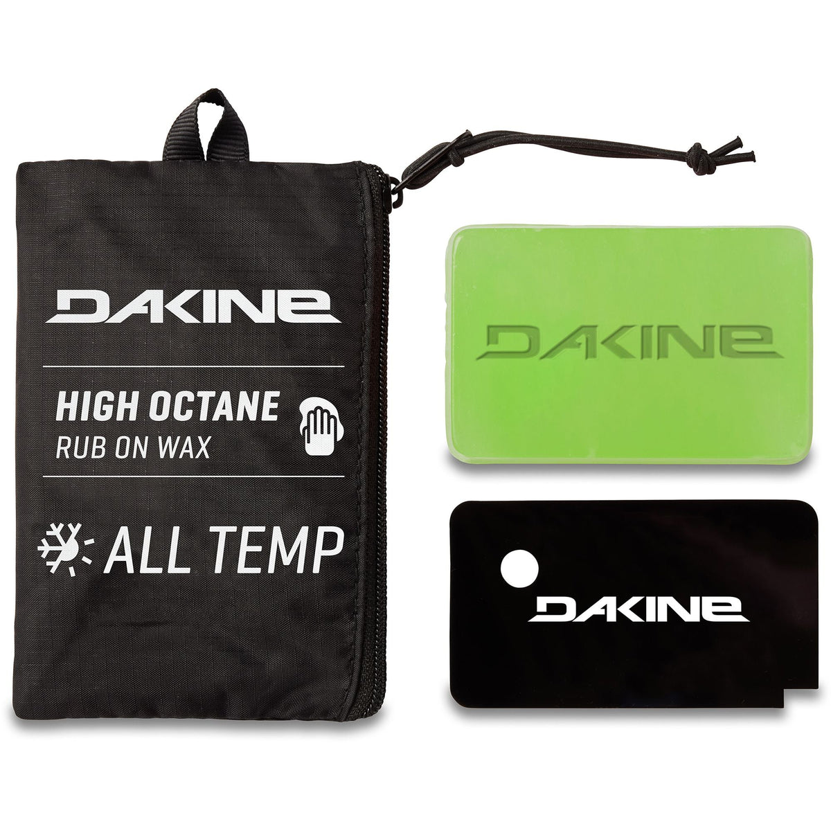 All-temp rub-on wax set: black and green wax blocks with Dakine pouch