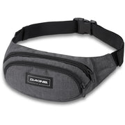 Dark gray hip pack with black strap and front zip pocket, Dakine patch