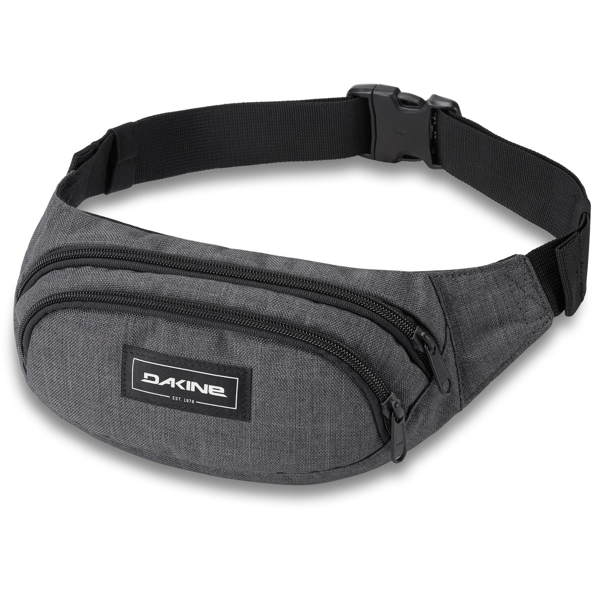 Dark gray hip pack with black strap and front zip pocket, Dakine patch