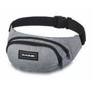 Grey hip pack with black strap and front zip pocket