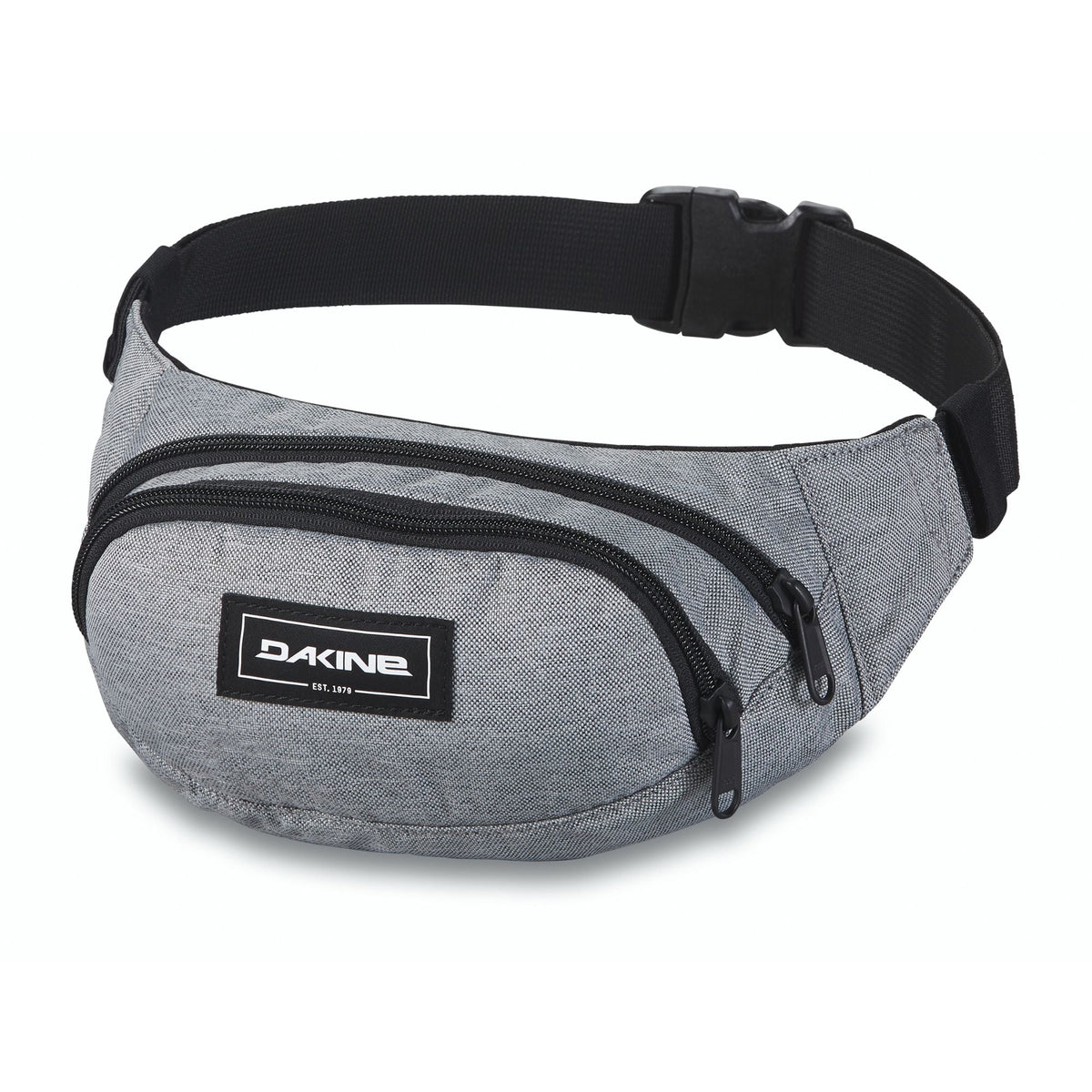 Grey hip pack with black strap and front zip pocket