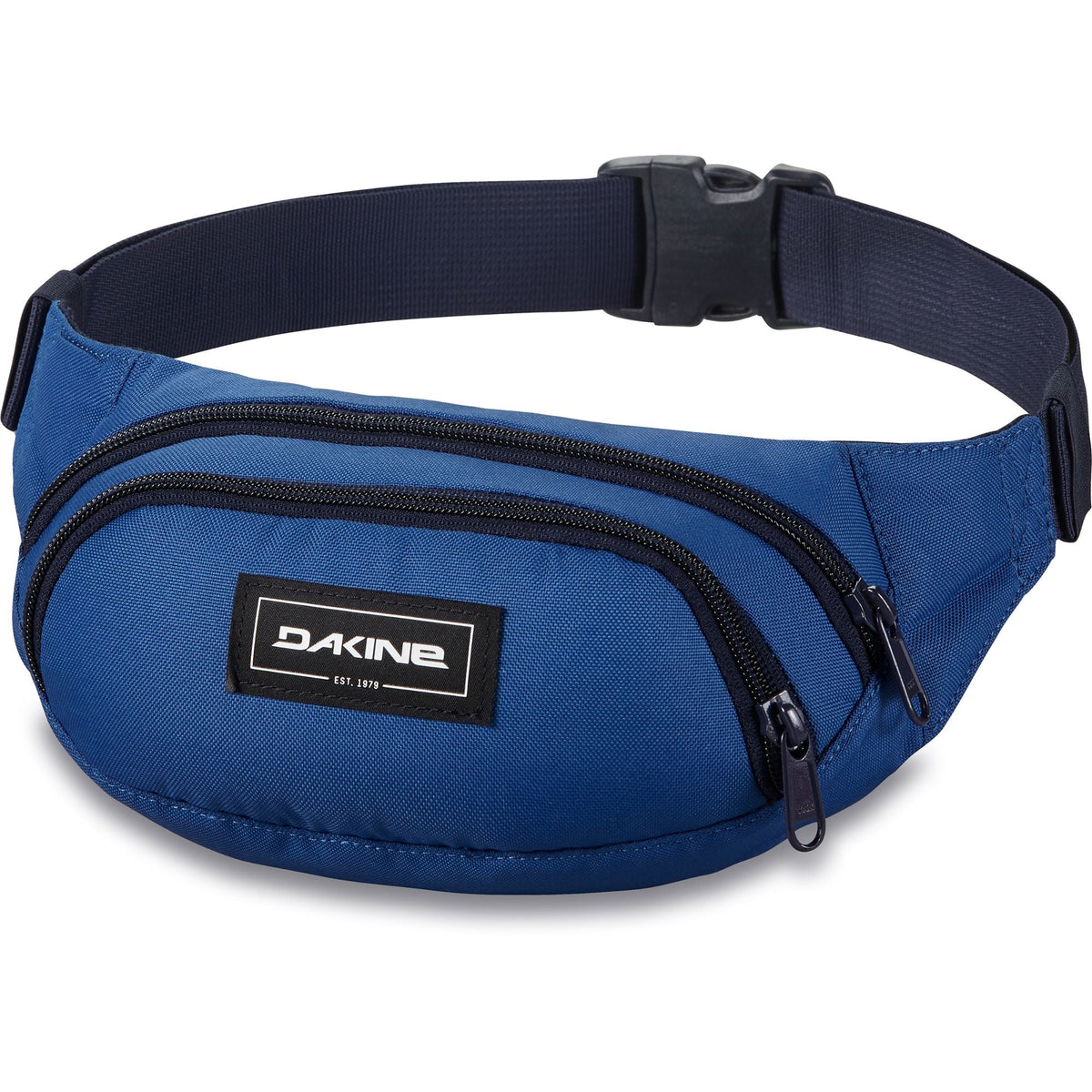 Blue hip pack with black strap, front zip pocket and Dakine patch