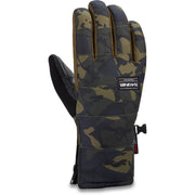 Dakine Omega gloves in camo with logo patch, black cuff and wrist strap
