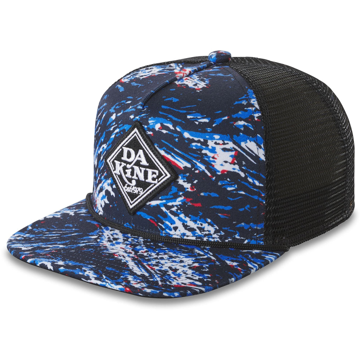 Dakine trucker hat with blue camo front, black mesh back, snapback closure, logo patch