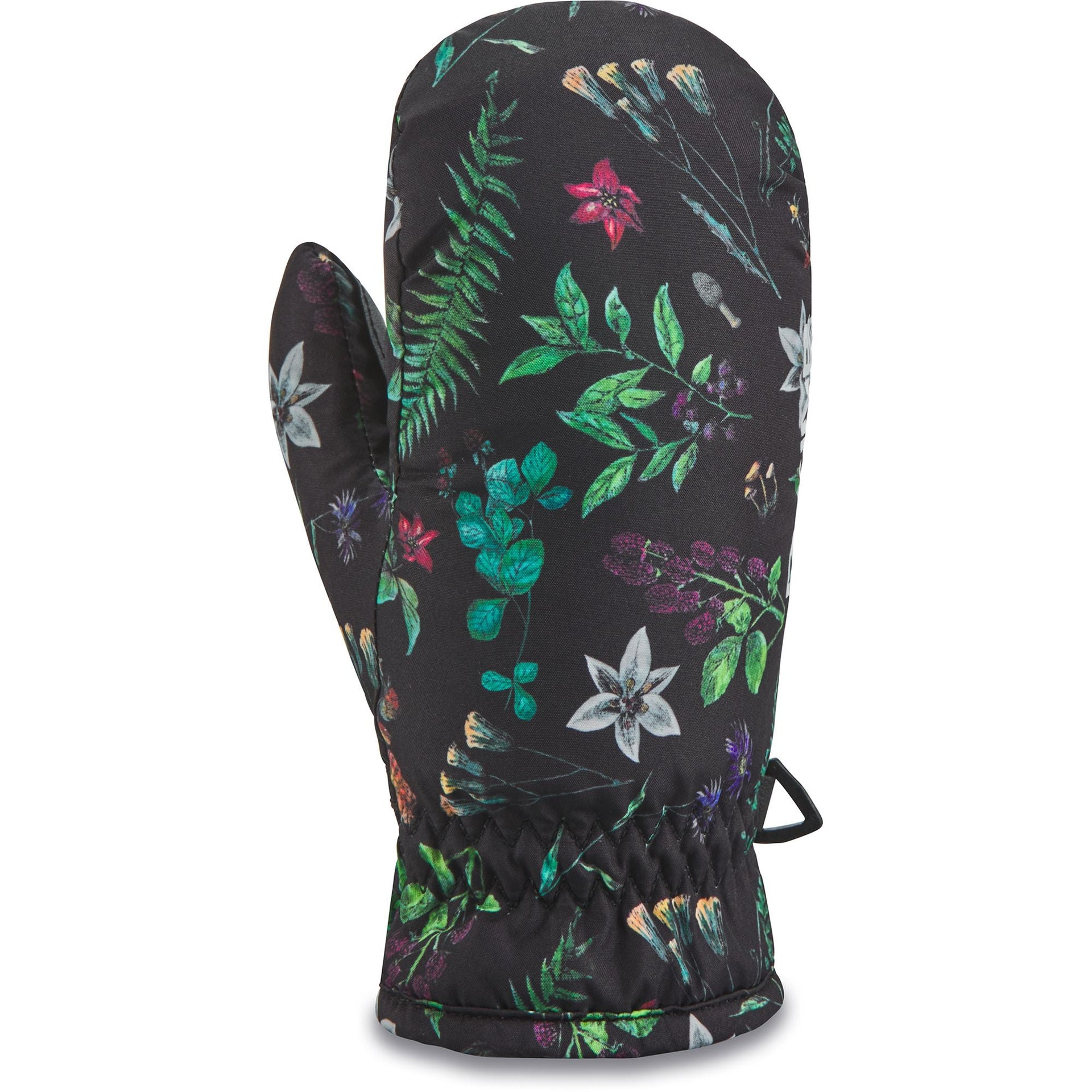 Dakine toddler mittens in dark floral print with elastic wrist cuff and loop strap